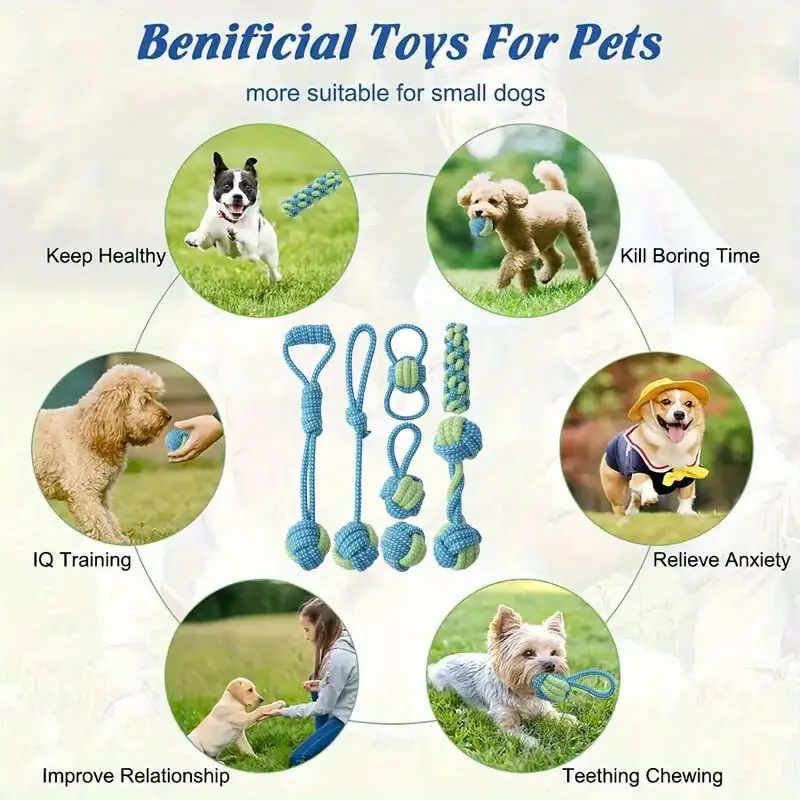 7pcs dog rope chew toy set for small medium breeds interactive tug of knot toys with squeaky balls durable training for teething puppies mixed textures for indoor outdoor play details 3