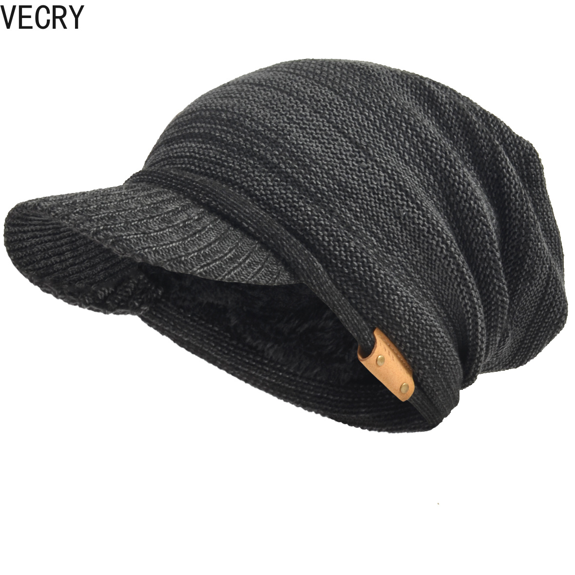 Image of Vecry Men's Knit Slouchy Beanie With Visor Bill Cadet Newsboy Cap Vintage Ski Warm Winter Hat