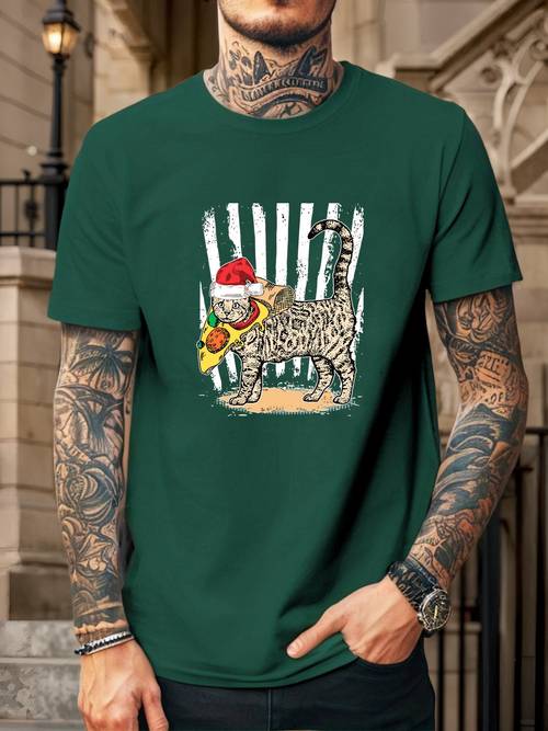 item picture mens christmas hat back pizza carrying cat pattern summer casual round neck short sleeve t shirt