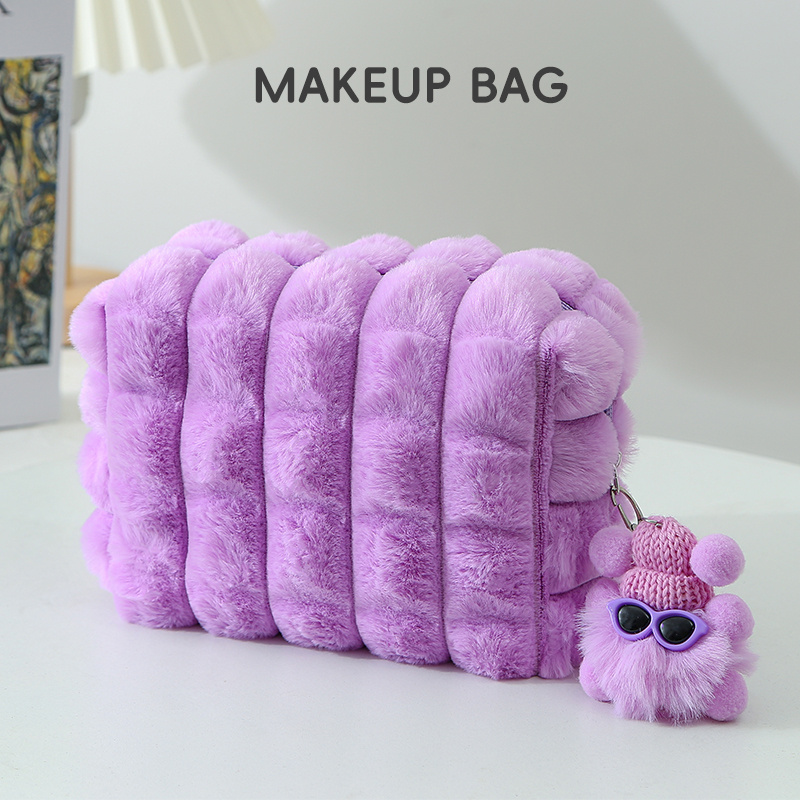 TEMU Large Capacity Plush Makeup Bag With Pom Pom - Pink Cosmetic Bag For Travel And Home Use, Cute And Practical Design For Women, Makeup Travel Bag