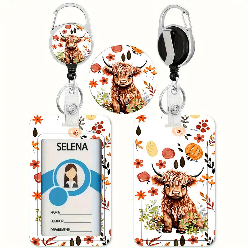 TEMU High-quality Scottish Highland Cow Pattern In Brown, Printed Card Holder With Retractable Badge Reel - Id And Credit Card Holder, Bus Pass -