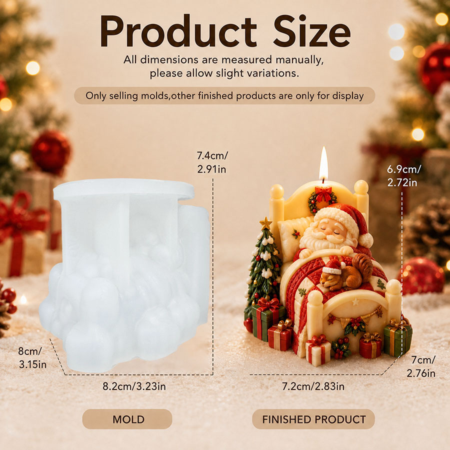 TEMU Candle Mold Cartoon Santa Claus Bed Sleeping Scene Silicone Mold, With Squirrel Christmas Tree Gift Shape Aromatherapy Candle Mold, Reusable,