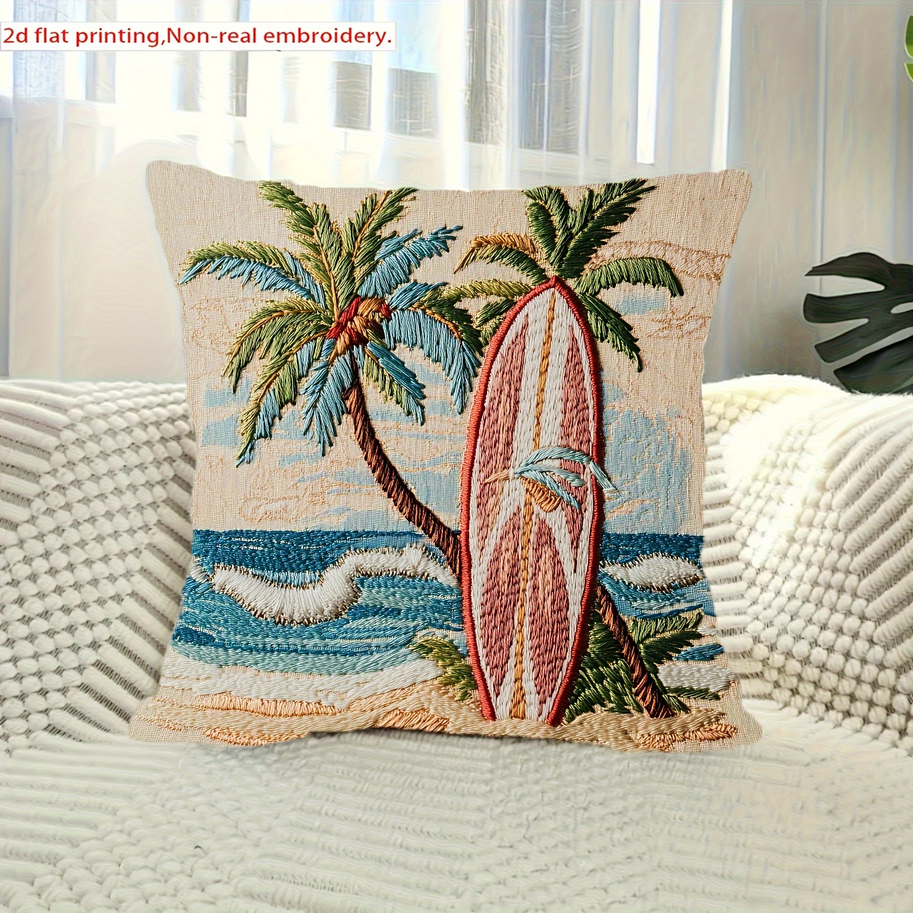 TEMU 1pc Of Bohemian-style Sofa Cover Featuring A Surfboard And Palm , Made From Soft Polyester, Measuring 17.72 Inches By 17.72 Inches. It Showcases