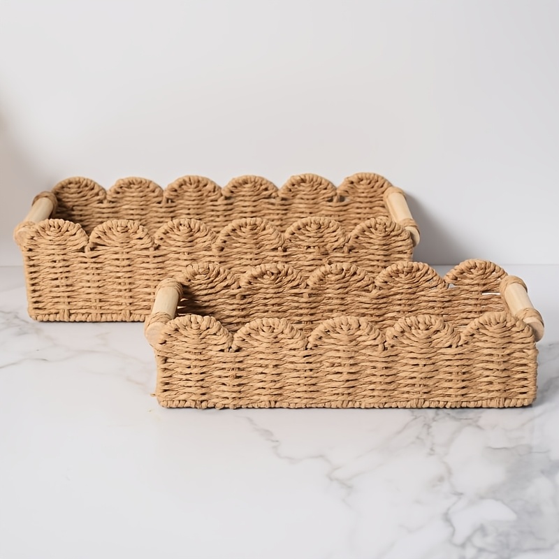 Woven Bathroom Storage Basket Set Of 2 For Organizing, Toilet Tank Paper Roll Storage Basket With 2 Wooden Handles, Suitable For Desktops, Top Of Toilet Tanks, And Living Rooms, Shelf Baskets