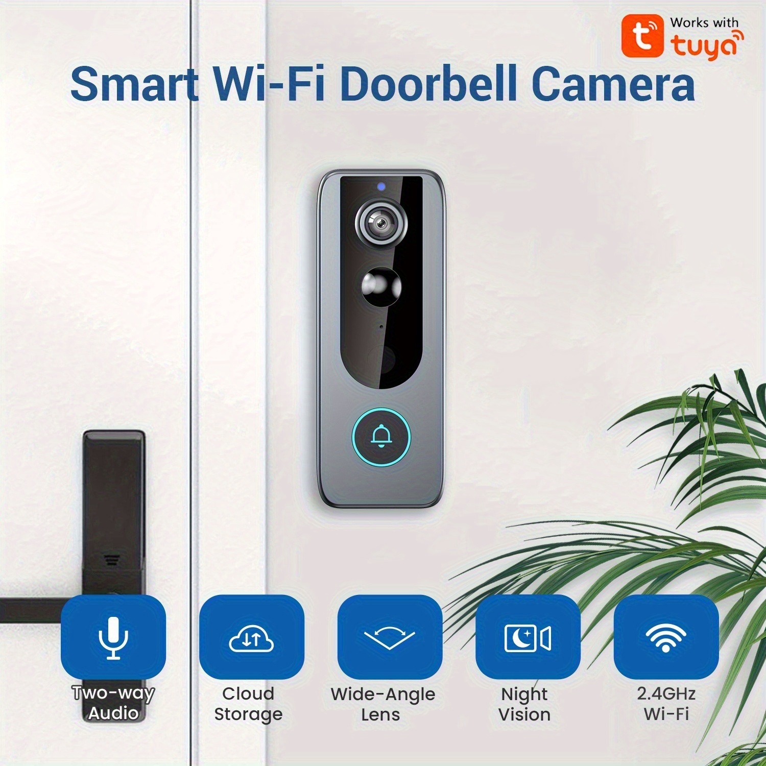wireless video doorbell system with 2k hd security camera,  ° wide-angle view,   audio, motion detection alerts, night vision, instant recording, compatible with smartphones/tablets, usb-powered doorbell camera with wireless  , battery-powered with low voltage operation, ideal for front door/outdoor security monitoring,  ,   (black/blue) Product details 1