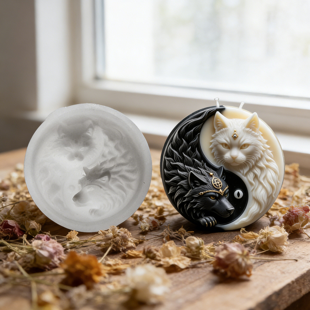 TEMU Yin-yang Wolf And Cat 3d Carved Silicone Candle Mold - Intricate Relief Design Of Black Wolf And White Cat In Yin-yang Symbol For Scented