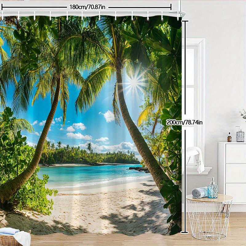 TEMU 1pc Beach Shower Curtain Landscape Photograph Tall Palm Trees And White Sand Ocean Scene Polyester Fabric Bathroom Decor With Hooks