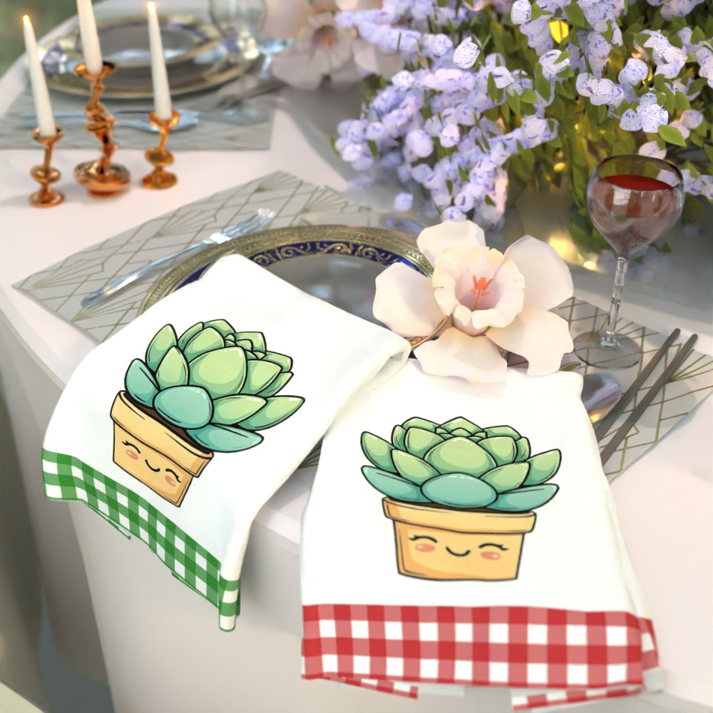 set of 2 tea towels featuring a cartoon-style potted plant design, measuring 45.72  .04 cm.   towels are   absorbent,  , and   bright colors.   are machine washable, exceptionally soft, and quick-drying, making them   kitchen or bathroom use. ideal as home decor or gifts for housewarming celebrations. details 1