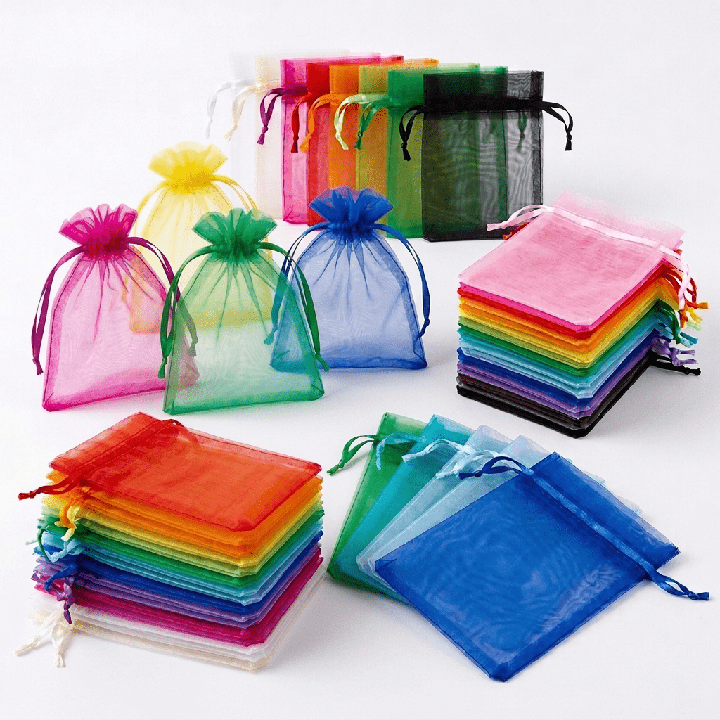 TEMU 50 stuks Willekeurige Mix Organza Cadeautassen Transparante Mesh Sieraden Zakjes met Trekkoord Sluiting Diverse Kleuren Kleine Snoepje Bedankjes