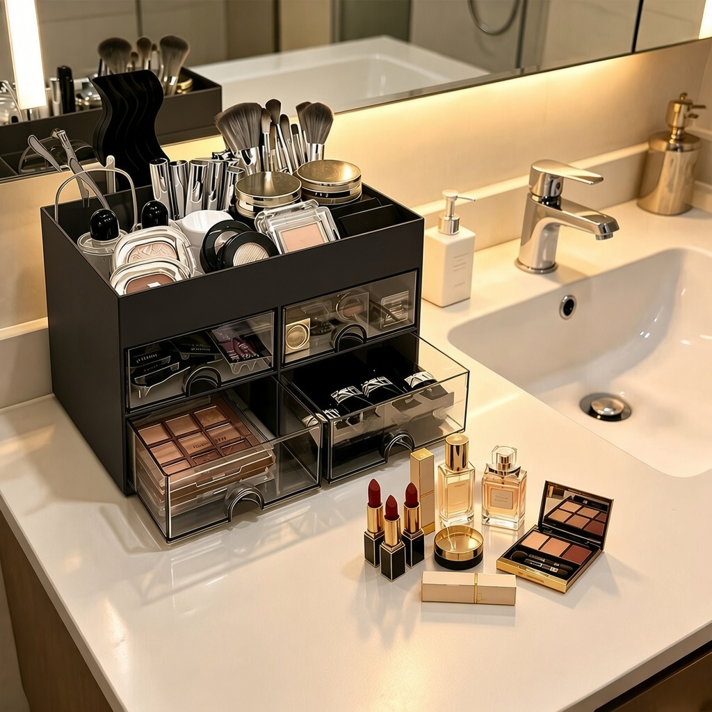 TEMU Boîte de Rangement Cosmétique avec 4 Tiroirs, Organisateur de Pinceaux de Cosmétique de , Grande Boîte de Rangement et d' Cosmétique de Grande