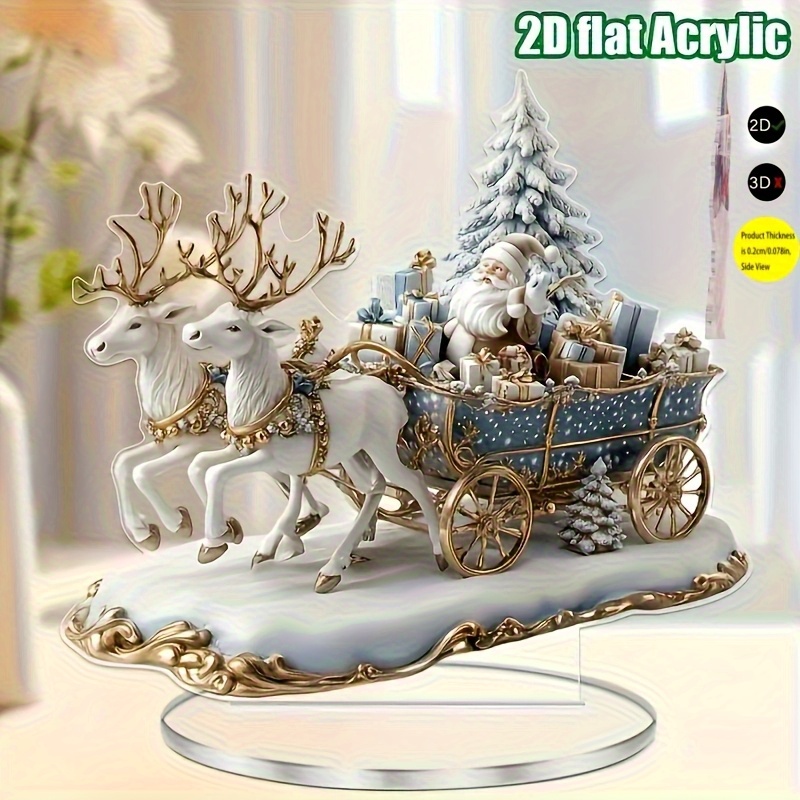 TEMU 2d Flat Acrylic Santa Claus And Reindeer Sleigh Desktop Decoration With Base - Christmas Holiday Decor, Bohemian Style Animal Theme, No Power