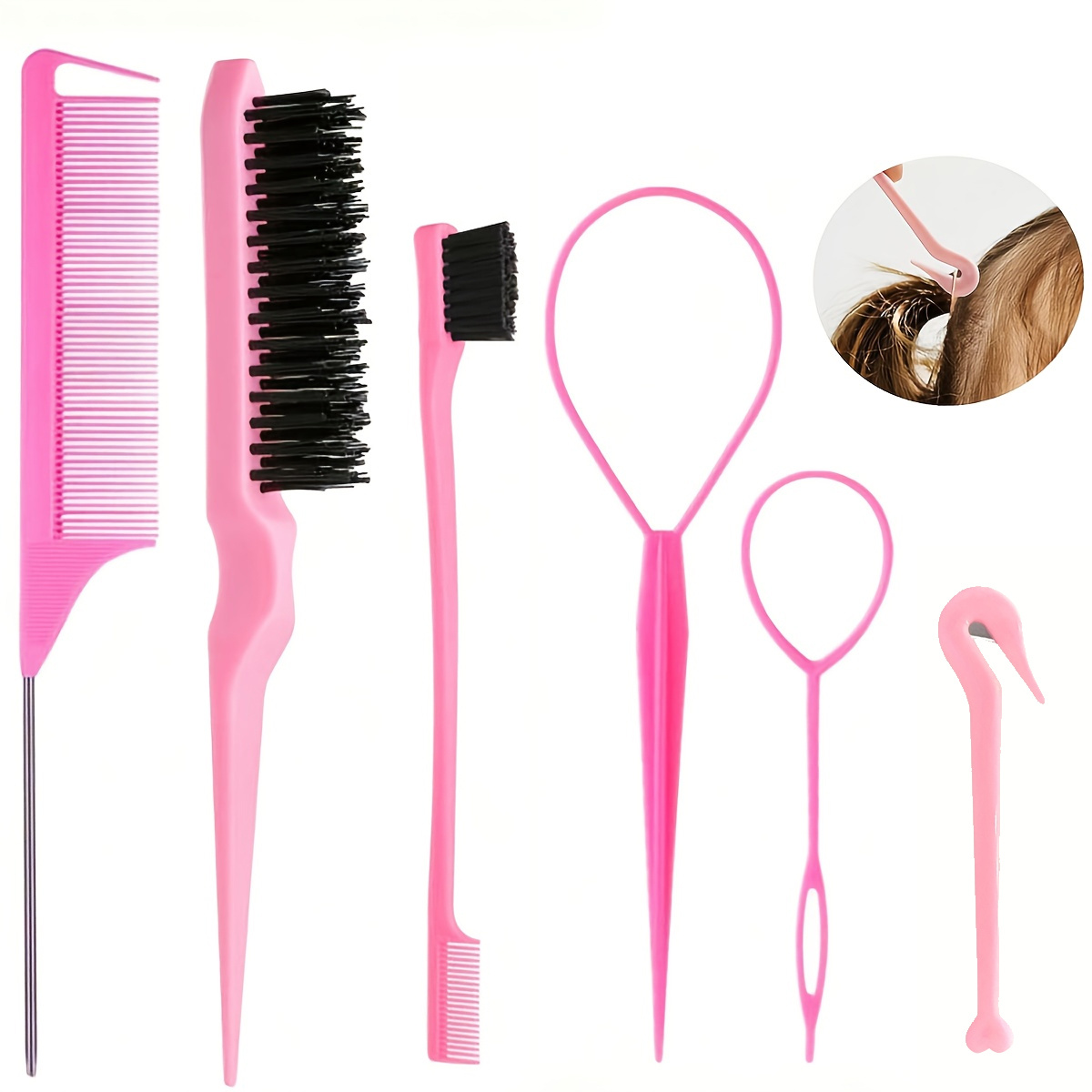 TEMU 6pcs Pink Hair Styling Tools - Tail Comb, Combing Brush, Circular Tools And Hair Clips For Weaving And Hairstyles, Nylon Bristles, Abs Plastic