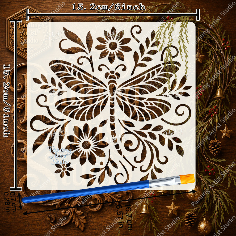 TEMU And Flower Painting Template - Abstract Dragonfly With - Daisy Blossoms - Vines - Leaves; Scroll Template - Forest Insects - Paintbrush For