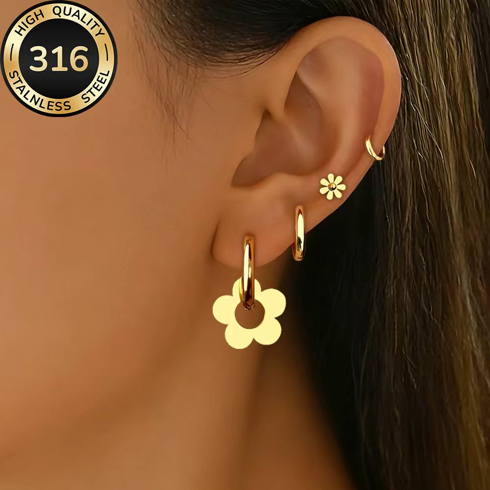 4 Pairs High-Quality 316 Stainless Steel Golden Earrings Set