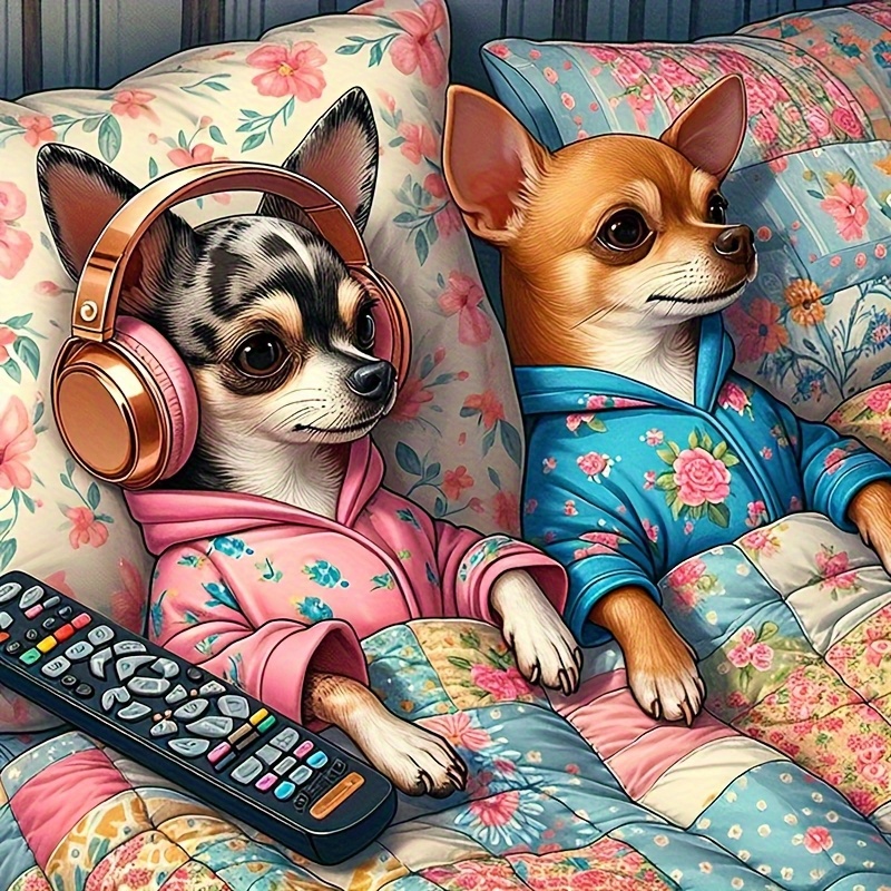 TEMU Large 15.75x 15.75inch Diamond Painting Kit- Comfortable Chihuahua Duo With Headphones, Perfect Relaxing Gift For - Paint Round Diamonds On