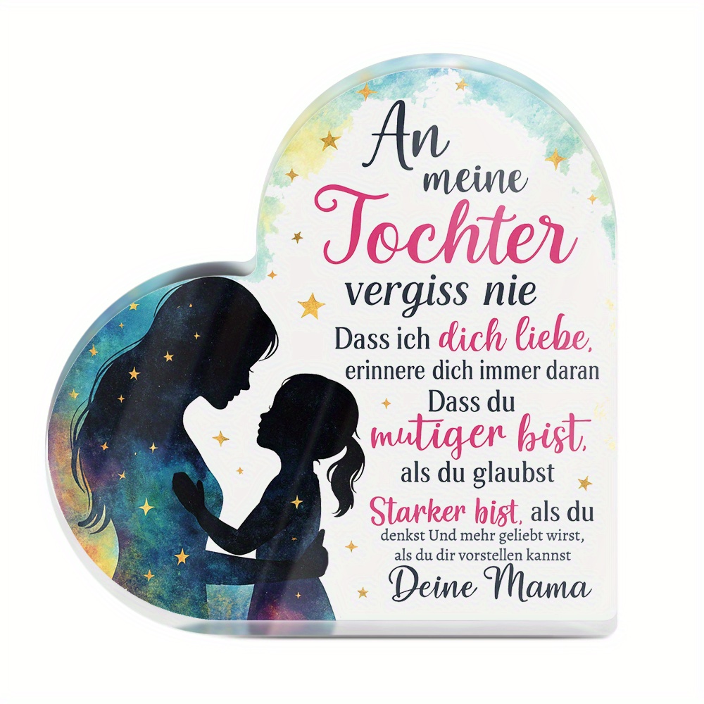 TEMU 2d Flat, 1pc Putuo Decor German Heart-shaped Acrylic Table Decor - Mother-daughter Keepsake With Message " That I Love You" (an Meine Tochter),