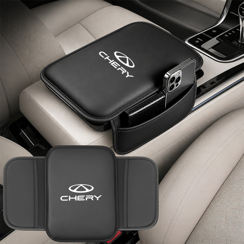 TEMU 1pc Universal Faux Leather Car Armrest Pad With Chery Logo, Universal Center Console Height Protector, Universal Side Storage Bag With Phone