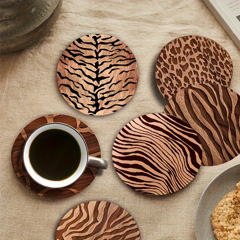 Image of 6pcs Of Animal Print Wooden Coasters, Heat-resistant Mats, Table Decorations, Surface Protectors, Suitable For Cups, Cafes, Offices, Kitchens, Restaurants, Birthdays, And Christmas Gifts