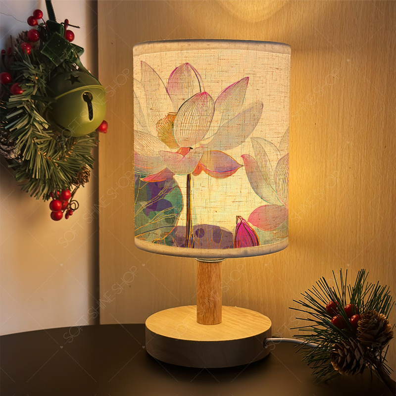 Print Table Lamp with Fabric Shade, USB-Powered LED Light