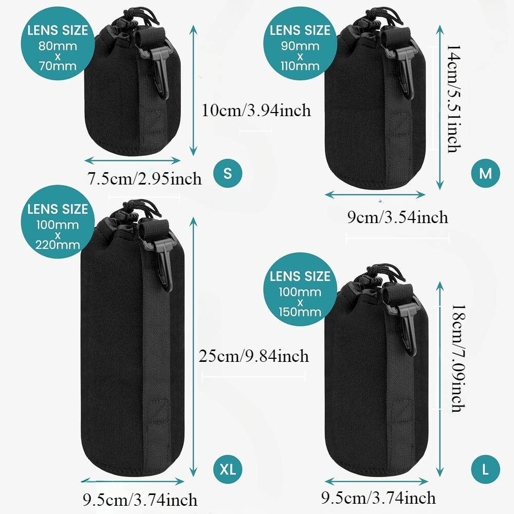 4x Camera Lens Pouch Bag Soft Neoprene Drawstring Protector Set Waterproof