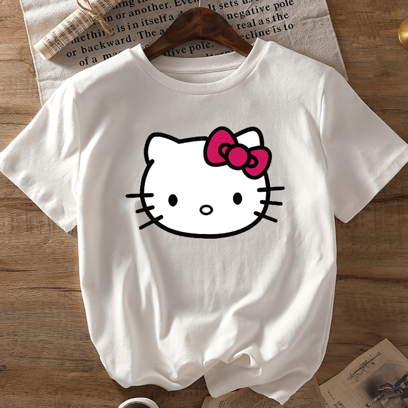 

1 T-shirt décontracté Hello Kitty, 1 T-shirt décontracté à col rond Hello Kitty, tissu tricoté % polyester, longueur régulière, T-shirt à motif de dessin pour toutes les