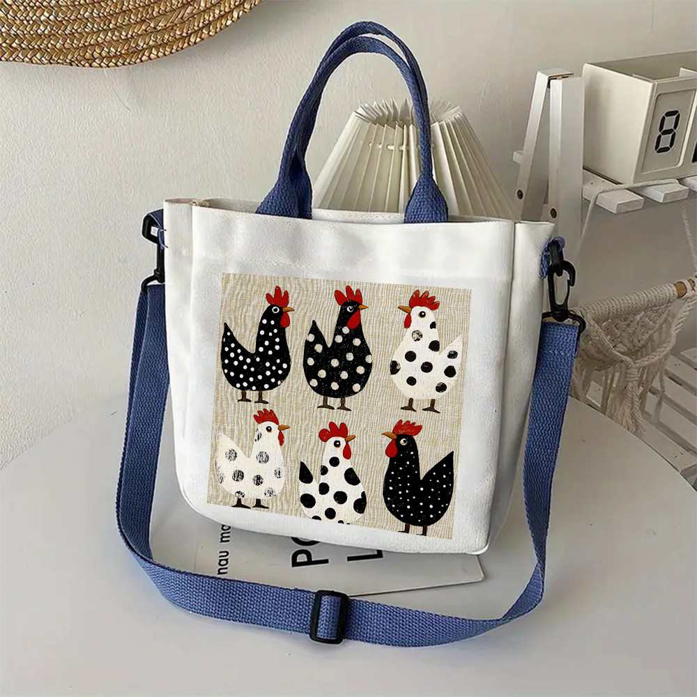 

1pc Canvas Shoulder Bag With Chicken Print, , Waterproof, Reusable, Tote With Closure, With Hand Wash/, For Women, Ideal For Shopping, School, Beach, Travel - Unique Gift