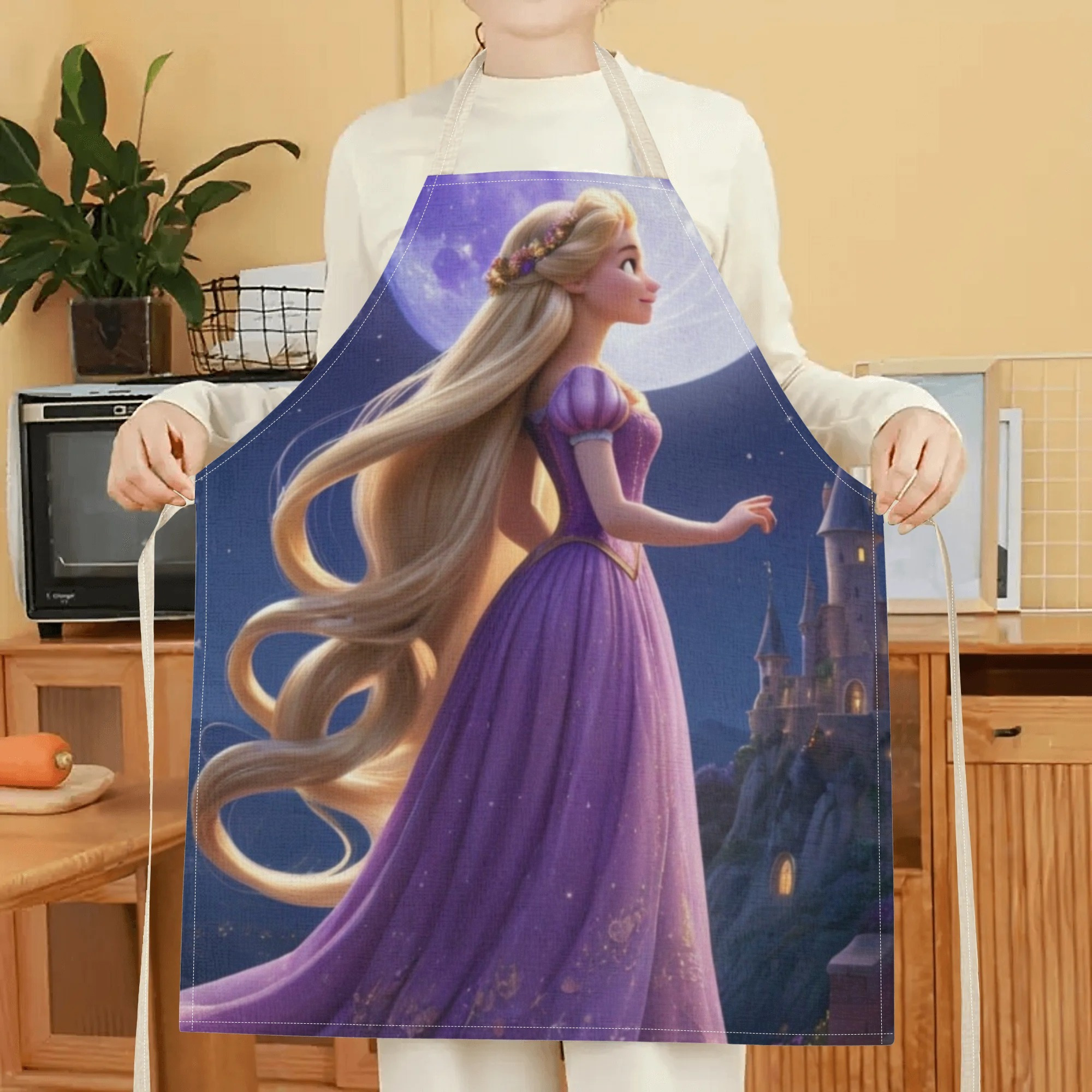   style| disney  -themed waterproof apron |   & elegant purple design with castle & moon illustration |   polyester,   fits all | ideal for hotels, supermarkets, restaurants, fruit shops, milk tea stands, and home use details 5