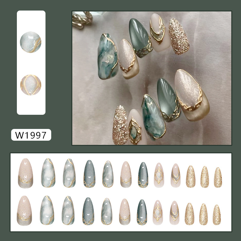 TEMU Luxurious Press-on Nails With A Sophisticated Touch. Featuring -dimensional Cat-eye Effect And Irregular Golden Gradient, This Set Of 24