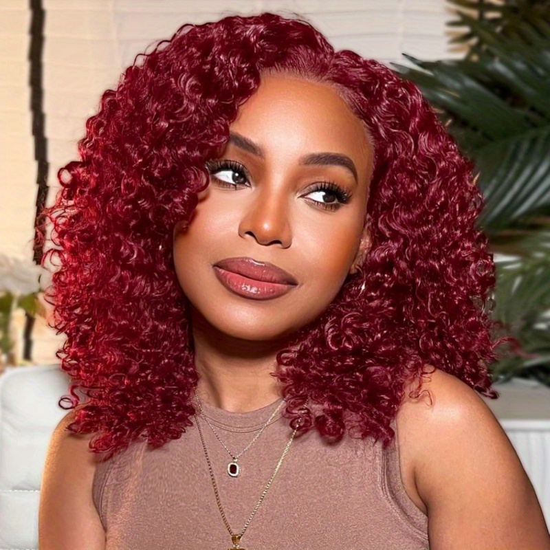 fashion vintage cherry wine red short curly bob wig 13x4 hd  display picture 3
