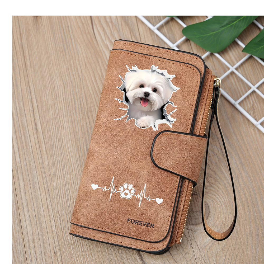 TEMU Cute White Maltese Puppy With Heart Paw Print Design Women's Wallet, Vintage Multi-zipper Compartment Wallet With Credit Card Holder And Secure