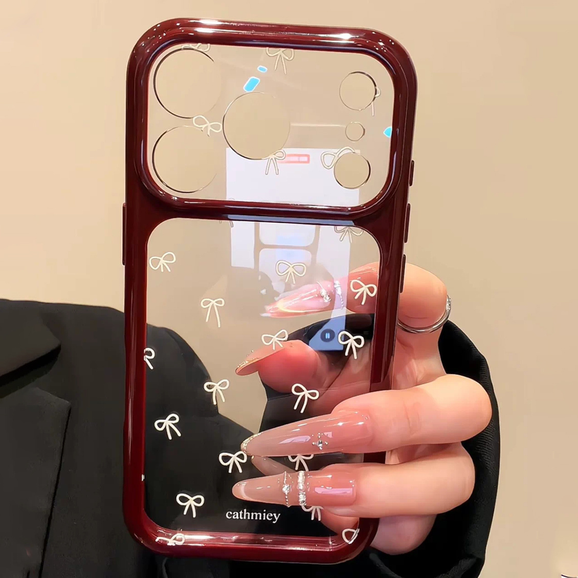 TEMU Phone Case: Coquette Wine-red Glossy Phone Case With White Bow Print, Shockproof Large Window Lens Protective Cover For Iphone 18 Pro/18 Pro