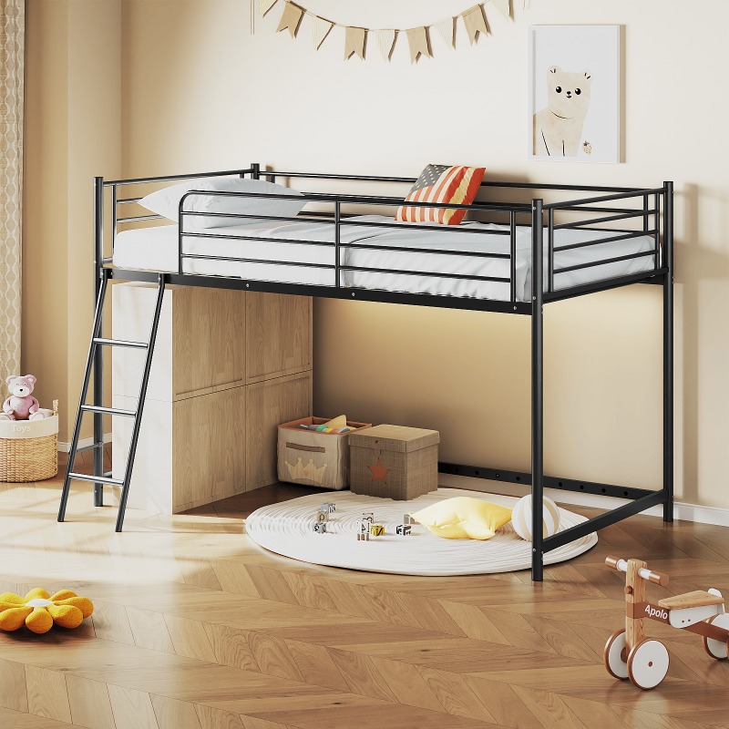 Loft Bed for Kids | Heavy-duty Iron Frame, 350LBS Weight Capacity, Space Saving Design for Small Rooms & Low Ceilings, Movable Ladder, - JOYMOR