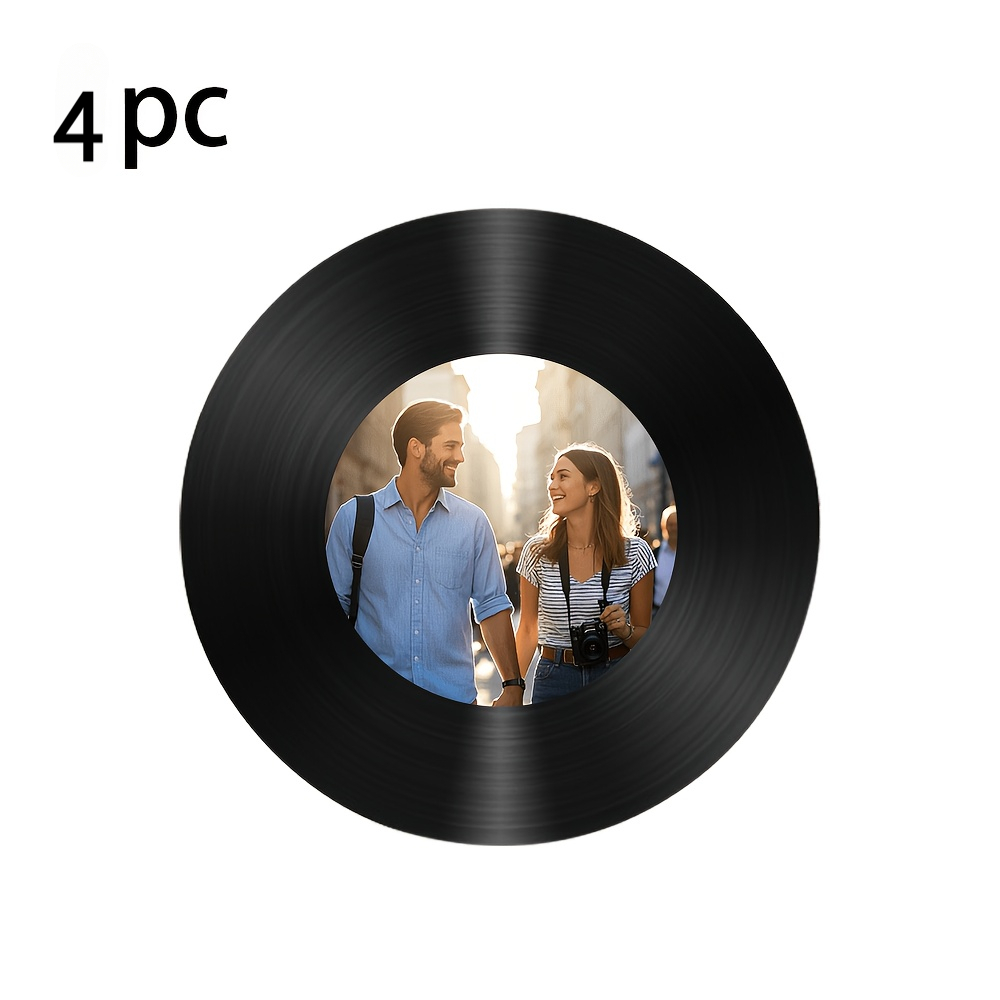 TEMU Lot de 4 sous-verres personnalisés avec photos/ - Disque vinyle vintage , , - Patins sous-verres en bois pour de table, cadeaux photo pour ,