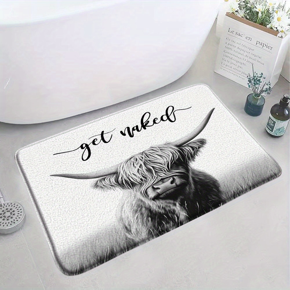 1pc highland cow bath mat with get naked cursive text shaggy flannel bathroom rug whimsical black white   45x75cm soft non slip modern   mats for bathroom polyester fiber mat 0