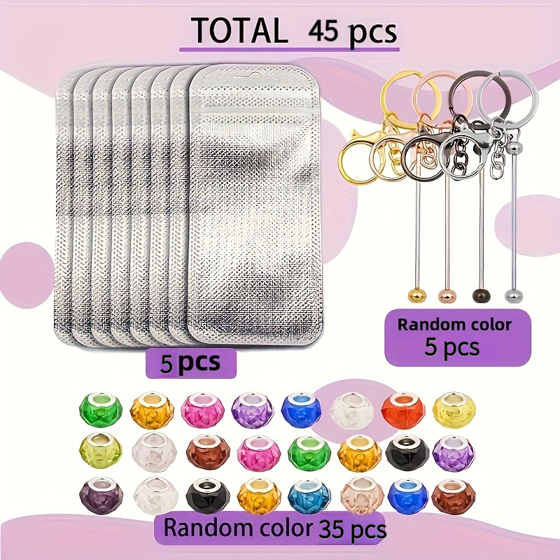 TEMU 45pcs, comprenant 5pcs de porte-clés de couleur aléatoire, 5pcs de sacs, 35pcs de perles facetées de grande taille de couleur mélangée, matériel