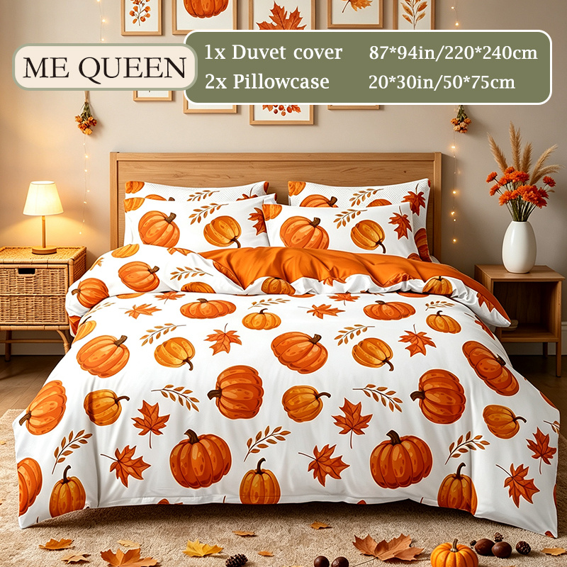 TEMU 3pcs Halloween Warm Orange Pumpkin Maple Leaf Duvet Cover Set (1pc Duvet Cover And 2pcs Pillowcases), Halloween Home Soft Brushed Bedding,