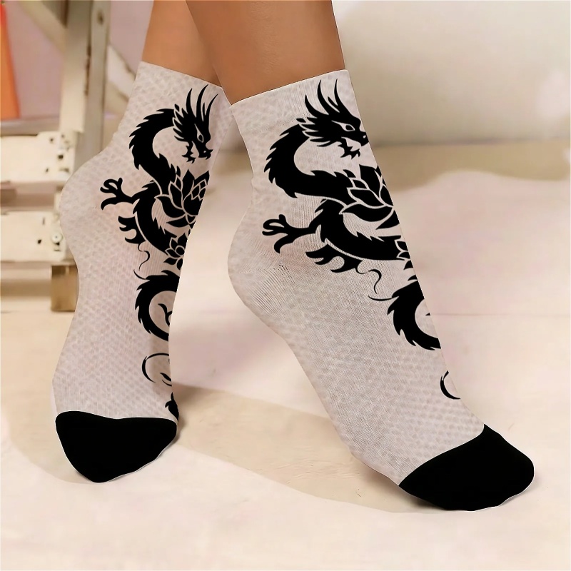 TEMU 1pair Women's Thin Short Socks With Dragon And Lotus Mysterious And , New Stylish And Versatile For Going Out, Suitable For Casual And Formal