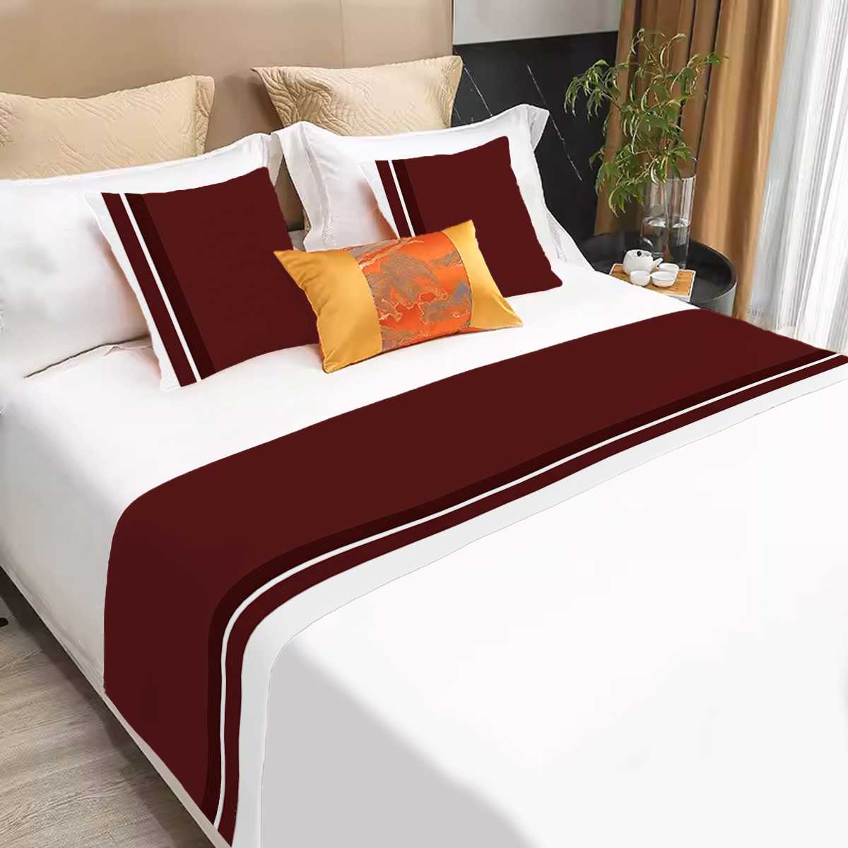 TEMU Burgundy Banner With Edges, Business Hotel Solid Color Striped Bed Skirt, &b Bedroom Bed Decoration (pillowcase )