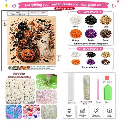 2d flat printing painting halloween watering flowerspattern handmade diy frameless diamond painting kit suitable for and beginners with pearls applicable for christmas halloween new year and other holiday