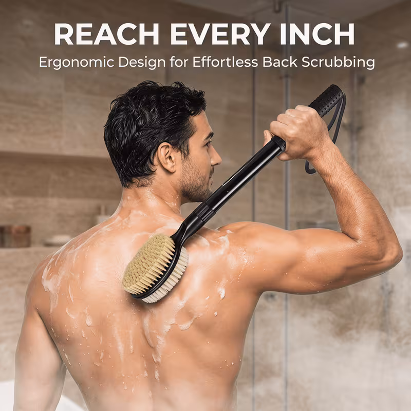 back scrubber with soft and stiff bristles 17 25 long handle dual sided shower brush for body for deep cleaning premium dual sided dry brushing body brush natural bristle exfoliator with long handle bath brush for men women Product details 0