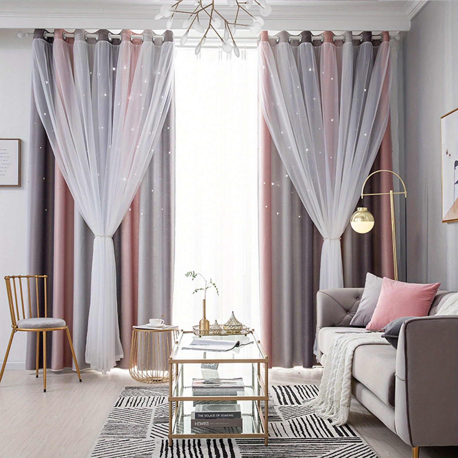 Temu 2Er-Pack Morandi Gradient Streifen Verdunkelungsstoren, 132X214Cm Perforierte Gaze , Doppelschicht Integriertes Design, Moderner Und Einfacher-image