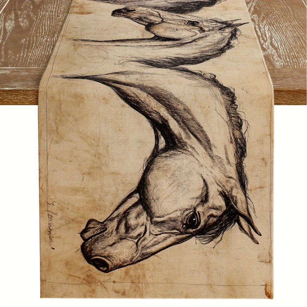 TEMU 1pc, A Table Flag Featuring A Sketch Of A Horse, A Vintage And Natural Design Suitable For , Nostalgic Artistic Style, Polyester Tablecloth With