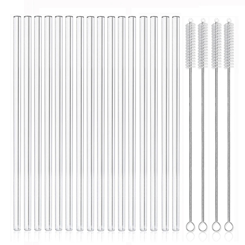 Set Of 16 Reusable Glass Straws, Measuring 20cm By 0.8cm, Includes Bent And Straight Options, Perfect For Smoothies, Cocktails, And Iced Coffee