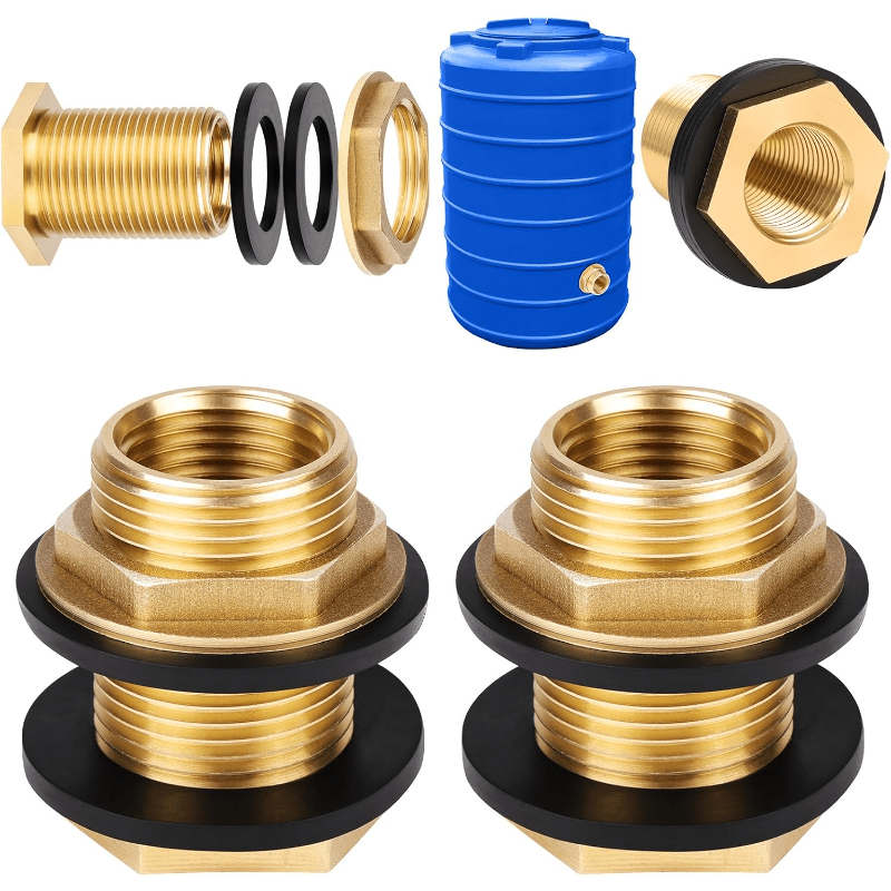Image of 2pcs Brass Bulkhead Fitting, 1" To 3/4" Tube Adaptor Connector Hose Fitting With 4 Gaskets, Garden Hose Double Threaded Bulkhead For Water Tanks, , Rain Bucket