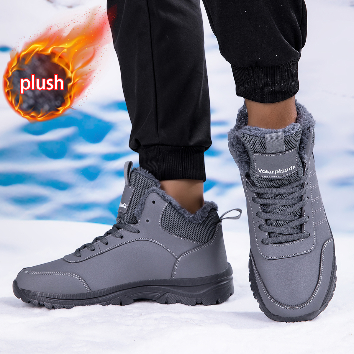 Image of Men Thickened Cold Proof High Top For Snow Work Boots, Plush Interior, Secure Lace Up Closure, Scratch Resistant Spliced Upper, Cozy Ankle Boot For Walking, Daily , Fall Winter Casual Wear