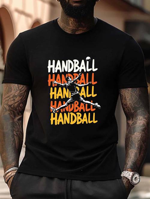 mens handball t shirt featuring a dynamic print of a handball player designed as a jersey this breathable summer apparel is perfect for handball training and casual in black and short sleeves click to a