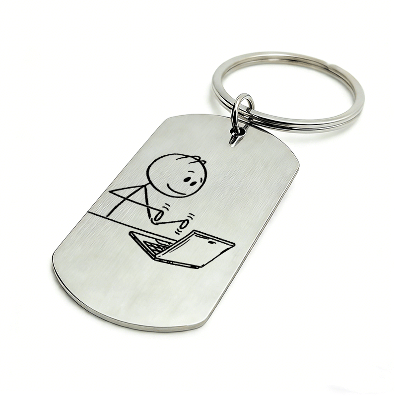 TEMU 1pc Metal Typing Keychain - Retro Computer Keyboard With Typist Character & Line Art, Suitable For Office,, Gifts For , Secretaries, Tech Lovers