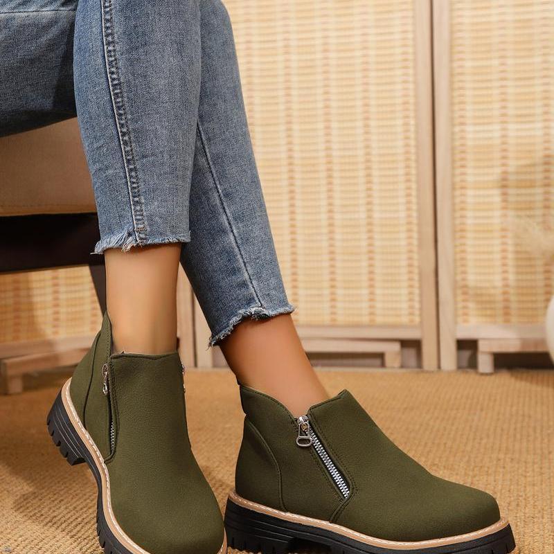 TEMU Women's Round Toe Ankle Boots With Thick Platform Sole & Front Zipper - Suitable For Daily Wear, Office & Casual, Round Heel, Cushioned Insole,