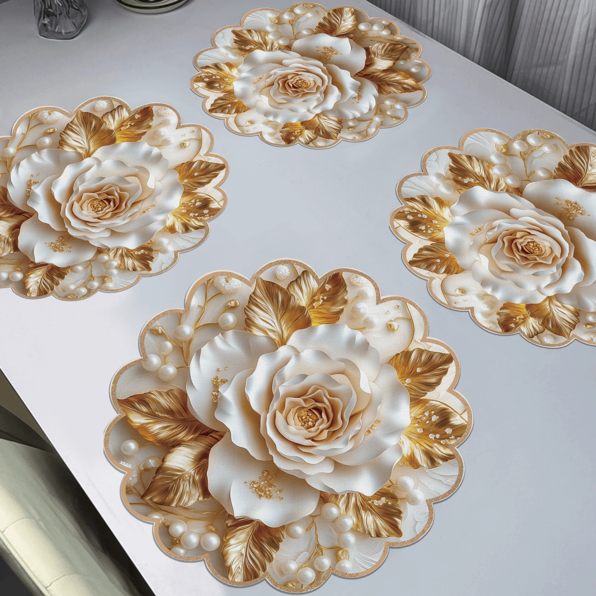 Image of 4-pack Golden Rose Pattern Round Waves Placemats, Valentine's Day Decor Placemats, Non-slip Fabric Table Mats, Heat Resistant, , Festive Decor For Dining & Party - 15"