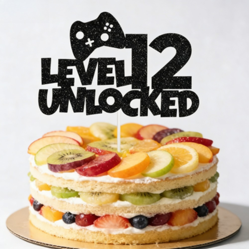 Image of Glitter Unlocked Cake Topper - Happy 12th Birthday Cake Topper, Player Level Up 12 Birthday Party Decorations Black, Halloween, Christmas